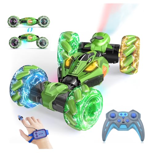 Gesture Sensing RC Stunt Cars - Toys for Boys Girls 6-12 | Best Gifts for Kids 6-12 Years Old | 4WD 360° Rotating Remote Control Transform Car | All-Terrain Off Road Vehicle with Lights Music Green