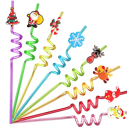 24 Christmas Party Favors for Kids, Christmas Party Decorations Supplies, Xmas Candy Bags Supplies, Christmas Goodie Gifts, Drinking Straws with 2 Cleaning Brushes