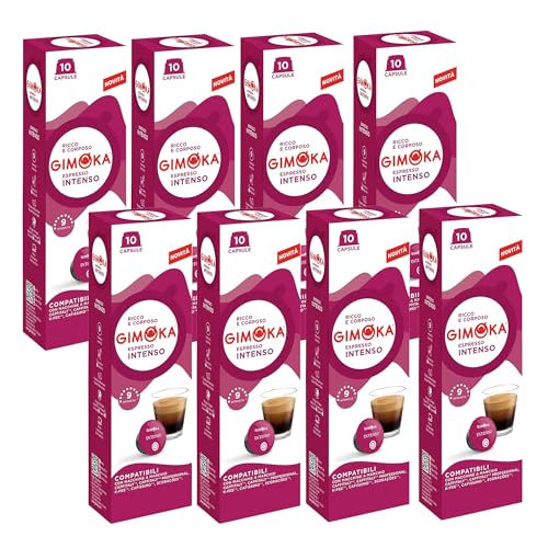 Gimoka, Cápsulas de café Espresso Intenso, Intensidad 9/10, 80 cápsulas Compatibles con Máquinas de Café Caffitaly y Tchibo Cafissimo, Sabor fuerte con notas de chocolate, 8 paquetes de 10
