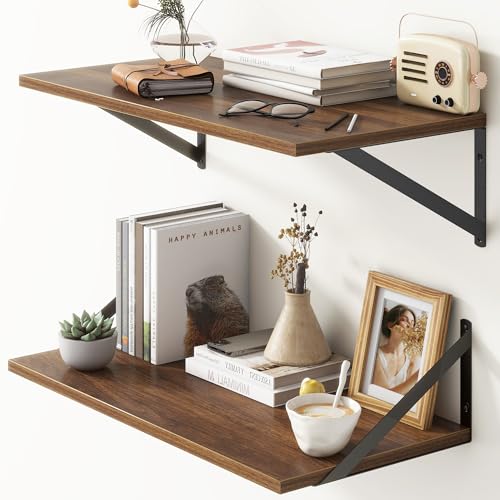 Deep Floating Shelves, 12 Inch Deep Floating Shelves for Wall, 24"W x 12"D Wall Shelves for Books, Large Rustic Wooden Shelf, Wide Display Shelf for Bathroom, Living Room, Walnut Color, Set of 2
