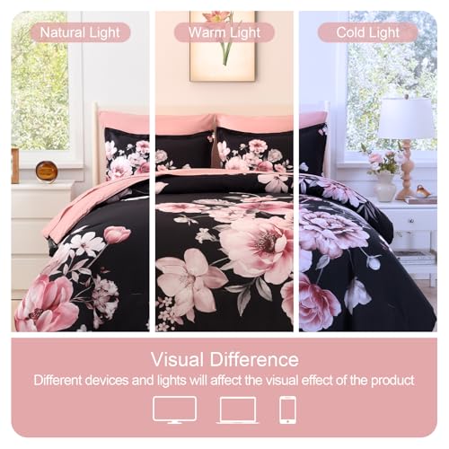 Image of Floral King Size Comforter Set - 7 Piece Botanical Black and Pink Bed in a Bag Ulter Soft Microfiber Bedding Set, Lightweight Bed Comforter Set with Sheets for All Season (Black, King)