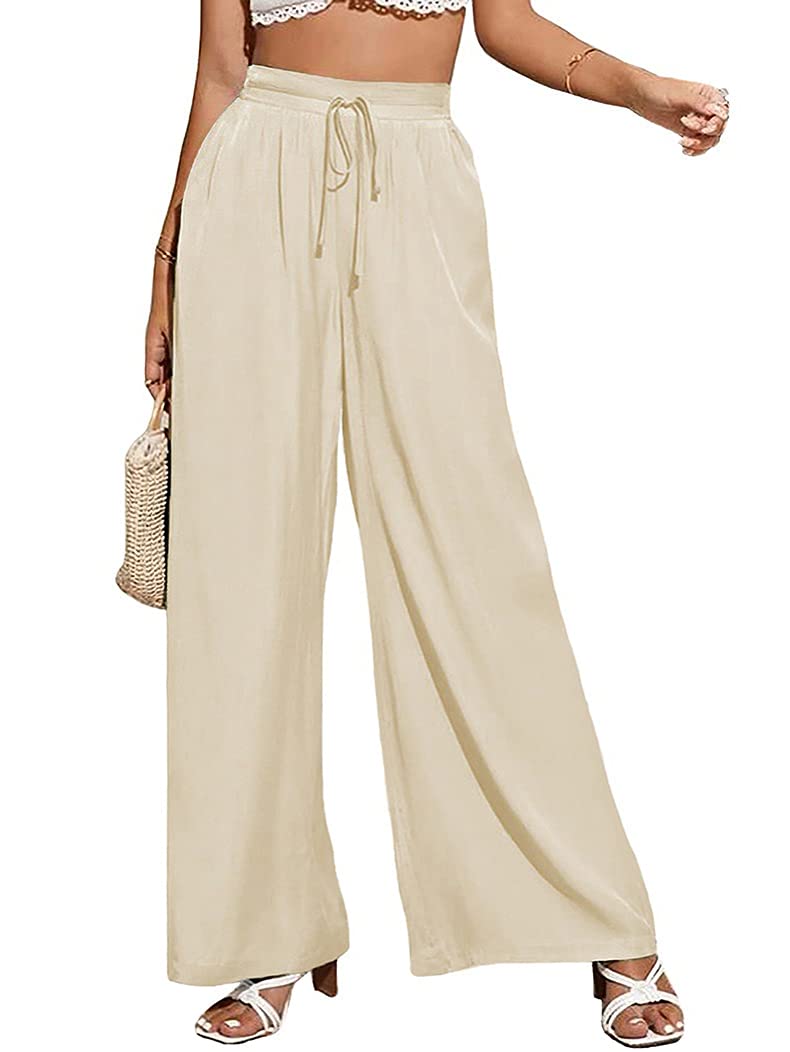 ebossy Womens Elastic High Waist Drawstring Trousers Summer Loose Wide Leg Pants Plus Size