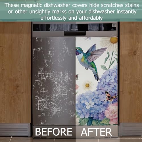 Image of Dishwasher Cover,Hummingbird Reusable Dishwasher Magnet Cover,Decorative Spring Hydrangea Wildflowers Magnetic Refrigerator Cover Front Panel Cover for Kitchen Decor 23x26 Inch