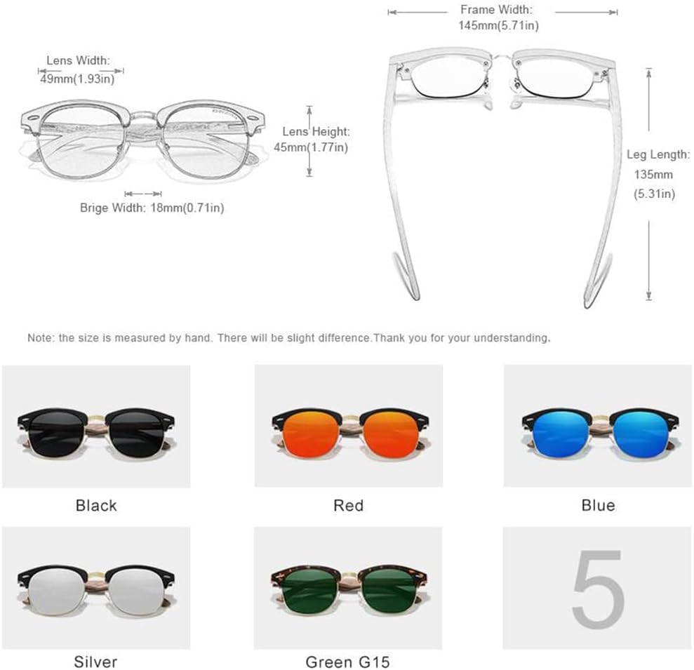 KINGSEVEN Wooden Semi-Rimless Polarized Sunglasses Mens & Womens Eyewear Classic Retro Vintage Design N5516