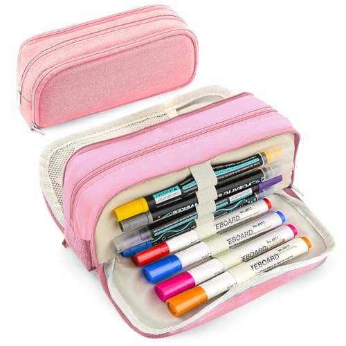 Image of Large Capacity Pencil Case Pencil Pouch Pen Bag with 3 Compartment Stationery Organizer with Zipper, School Supplies Organizer for Teen Adults (Pink)