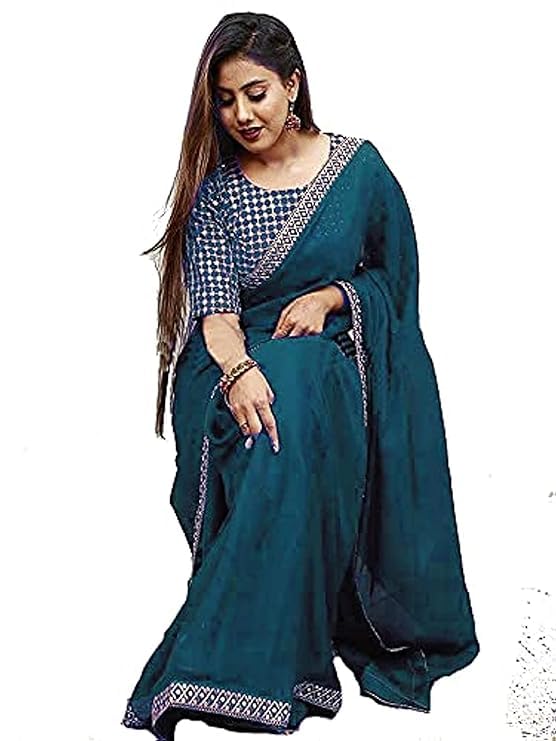 Image of Flosive Women's Embroidered Work Border Zarna Silk Saree With Blouse Piece (RAMA)
