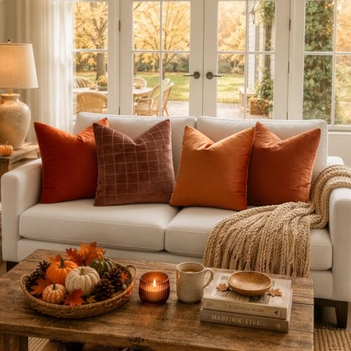 Image of MIULEE Fall Burnt Orange Plaid Euro Throw Pillow Covers 24x24 Set of 2