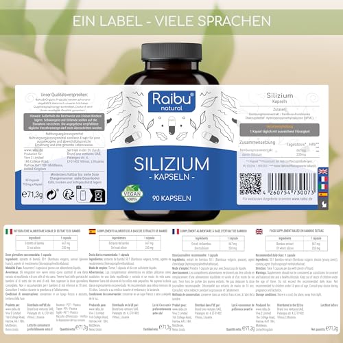 Raibu Silizium Kapseln hochdosiert - 667mg organisches Silica hochdosiert aus Bambusextrakt - 90 Kapseln für 3 Monate - Ohne Zusätze, in Deutschland produziert Vegan