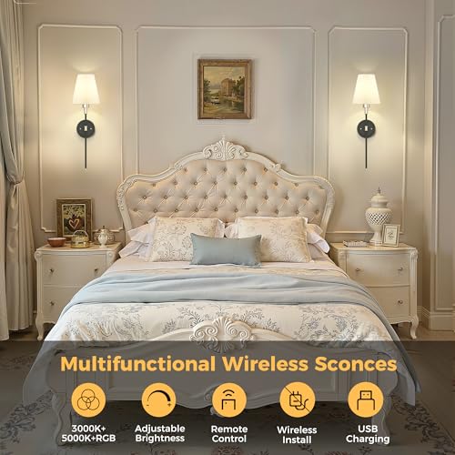 Image of DORESshop Battery Operated Wall Sconce Set of 2, Wireless Wall Light Easy to Install, 7 Color Rechargeable Wall Sconces, Sconce Wall Decor Set of 2 for Bedroom, Living Room, Black and Chrome, 24.6in
