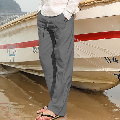 Mens Casual Cotton Linen Pants Loose Fit Elastic Drawstring Waist Yoga Pant Summer Travel Beach Baggy Trousers Pocket2