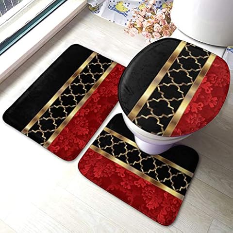 Meiya-Design Elegant Red, Black Gold Quatrefoil Pattern Bathroom Rug Mats Set 3 Piece - Soft Shower Bath Rugs - Contour Mat and Toilet Lid Cover - Perfect Combination of Luxury and Comfort Cover