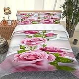 GSKOQD Bettwäsche 135X200Cm Bettbezug Set Mit 3D Rosa Rosenpflanze Druck Muster, 3 Teilig Microfaser Bettwäsche Bettbezüge Mit Reißverschluss Und 2 Kissenbezug 80X80Cm Warme & Atmungsaktive