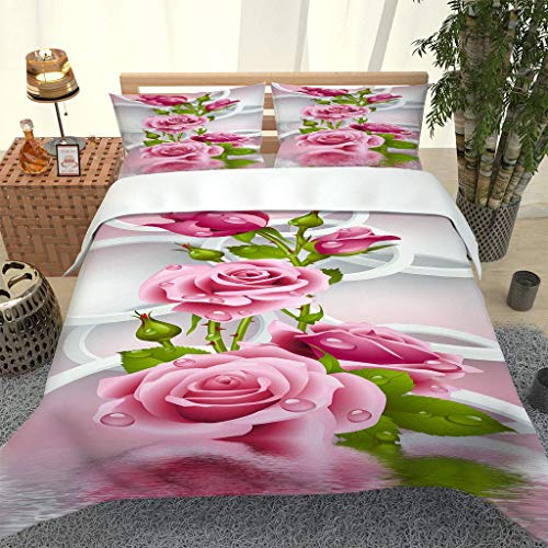 GSKOQD Bettwäsche 135X200Cm Bettbezug Set Mit 3D Rosa Rosenpflanze Druck Muster, 3 Teilig Microfaser Bettwäsche Bettbezüge Mit Reißverschluss Und 2 Kissenbezug 80X80Cm Warme & Atmungsaktive