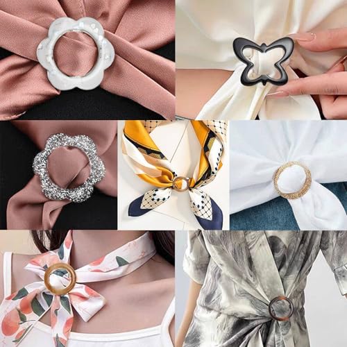 Image of 12PCS Silk Scarf Ring Clip T-Shirt Tie Clips for Women Girls 80's Party Accessories Fashion Resin Ring Scarves Clasp Waist Buckle for Shirts Clothing Clips with 1 Exquisite Box