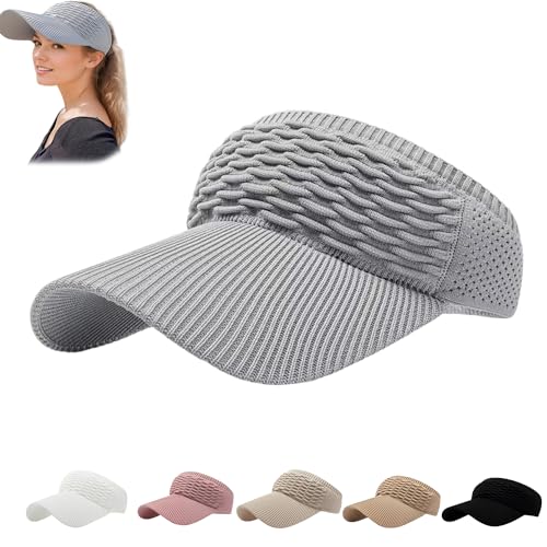 Sun Visor Hats, Wide Brim Sun Hats with UV Protection, Knitted Running Visors for Women - Ponytail Friendly, Quick Drying, Grey, One Size