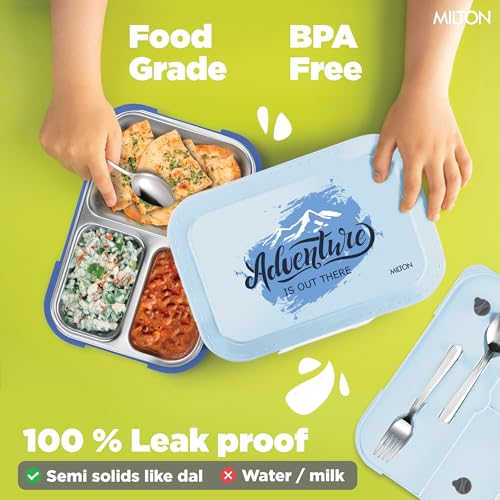 Image of Milton Bravo 3 Inner Stainless Steel Tiffin Box for School, 3 Partition, Steam Release Plug| PU Insulated, Leak-Proof, Food Grade I Lunch Box for Kids Boys,Girls with Snap Lock Lid, 600 ml, Light Blue