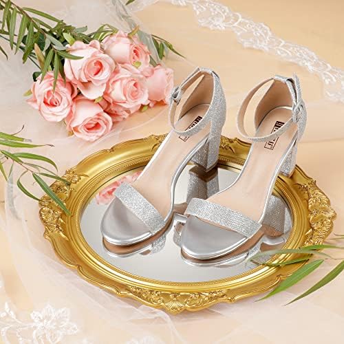 IDIFU Women IN3 Amy Block Heel Dress Sandals Open Toe Wedding Prom Homecoming Shoes for Bride Bridesmaid Ladies with Round Buckle (Silver Glitter, 12 M US) | Image 3