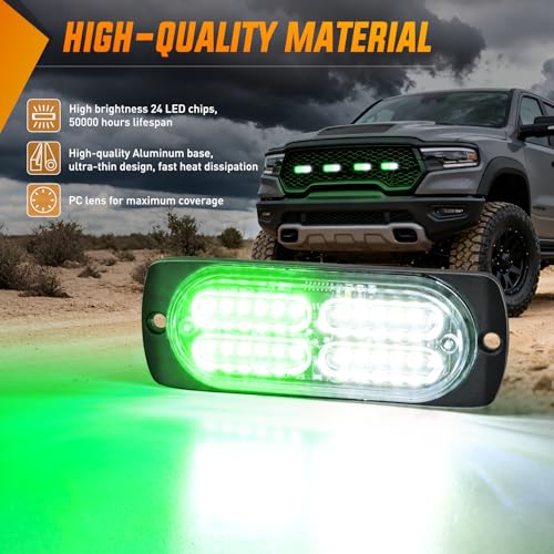 Image of Nilight 4PCS 24LED Green White Strobe Light 12V /24V Grille Surface Mount | Hazard Safety Warning Light with Sync Feature for Car Truck Camper Side Marker Aluminum Alloy Base Emergency Lights