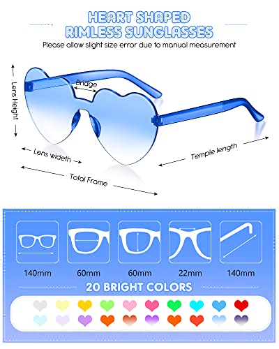 CHENGU 20 Pairs Heart Shape Sunglasses Rimless Heart Glasses Transparent Candy Color Bachelorette Sunglasses Colorful Frameless Glasses Mixed Colors Love Eyewear for Women Cosplay Party Favors2