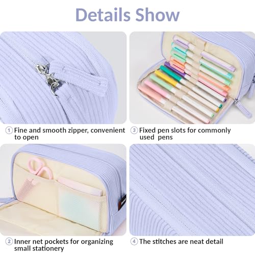 Image of Sooez Big Capacity Pencil Case Pen Pouch, Soft Corduroy Pencil Bag with 3 Compartment, Multiple Pockets, Sturdy Zipper, Cute School Supplies Pen Bag Organizer For Teen Girls College, Blue