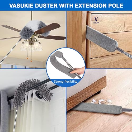 Image of Vasukie Dusters for Home Cleaning - 5 Pcs Fan Cleaning Mop with Long Rod, House Wall Cleaner Stick Products, Extendable Microfibre Dusting Brush Adjustable Handle, Spider Web Ceiling & Cobweb Duster