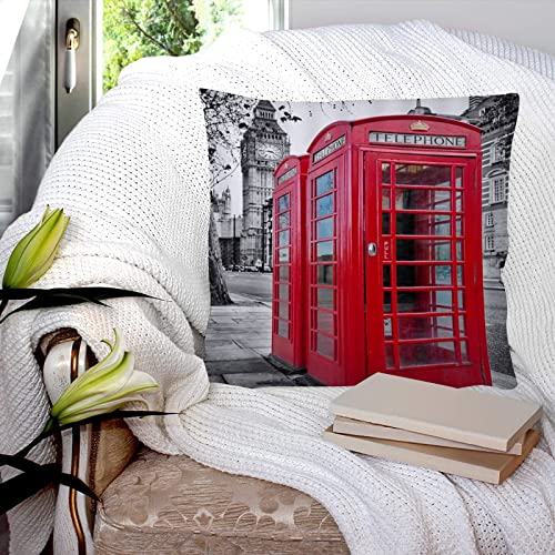 Housse de Coussin 45x45 cm,Cabine téléphonique Rouge Vintage London Street Scenery Big Ben City...