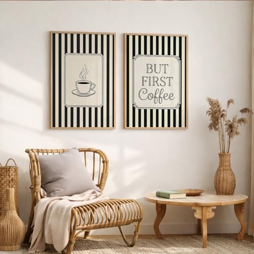 Image of Suneree But First Coffee Wall Art Set of 2 Framed Paintings | Black White Striped Coffee Poster Kitchen Cafe Decor | Home Office Wall Decor (Art 9, 10x13 Inches)