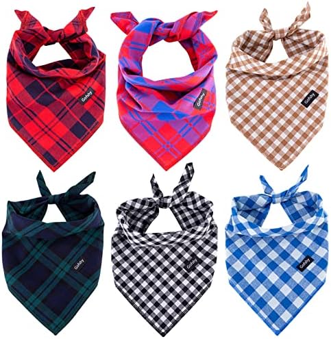 Gofshy Dog Bandanas -6PCS Dog Gifts Red Black Brown Blue Green Square Plaid Printing Dog Scarf Adjustable Dog Accessories Kerchief for Small Medium Large Dogs Cats Puppy Bandana (M)