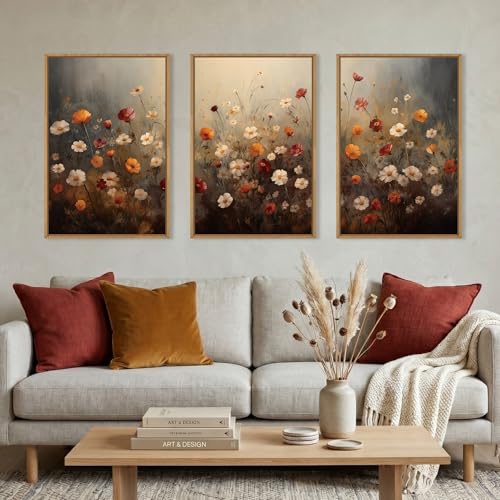 Image of KAIRNE Moody Colorful Wildflower Framed Canvas Wall Art Set,Vintage Daisy Floral Wall Decor,Watercolor Flowers Art Prints,Rustic Botanical Artwork for Living Room,Bedroom,Farmhouse,Office-16 x24 x3