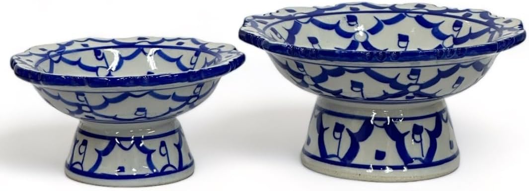 Thai Ceramic Porcelain Pedestal Serving Bowls, 2 Sizes, Traditional Design, Food Offering Set
