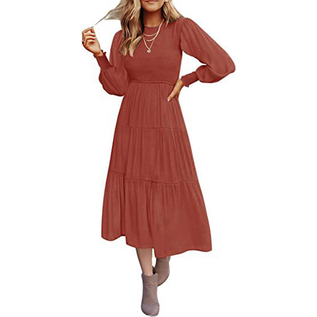 ZOCANIA Womens Casual Long Sleeve Dress for Women Smocked Maxi Dress Crew Neck High Waist Ruffle Tiered Midi