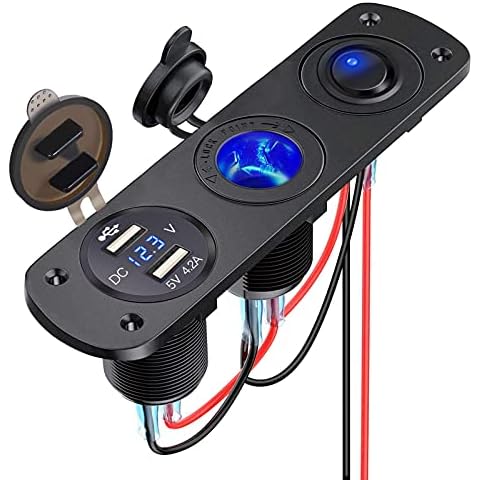Thlevel Dual USB Car Charger Socket Panel with 12V Cigarette Lighter Socket Splitter, LED Voltmeter and Independent Switch for 12V 24V Vehicles Car Boat Truck Caravan (Type B) Cover