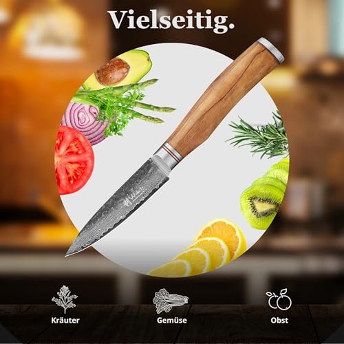 Foto von Wakoli Olive HS Officemesser & Spickmesser – 9,0 cm Klinge aus 67 Lagen Damaststahl mit VG10‑Kern, Härte 60±2 HRC, Hammerschlag, Olivenholzgriff – Damast Küchenmesser für feine Schnitte in Holzbox