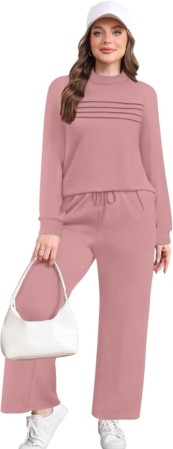 WIHOLL Two Piece Sets for Women Fall Travel Vacation Outfits 2026 Long Sleeve Lounge Sets Side Slit Wide Leg Pants S-3XL - Image 3