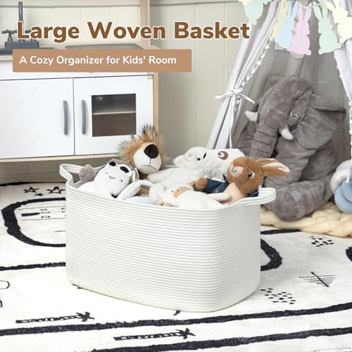 Goodpick Large Blanket Basket Living Room, Storage Baskets for Organizing, Woven Rope Laundry Basket for Toy Storage, 21.6" x 14.9" x 11.8", White