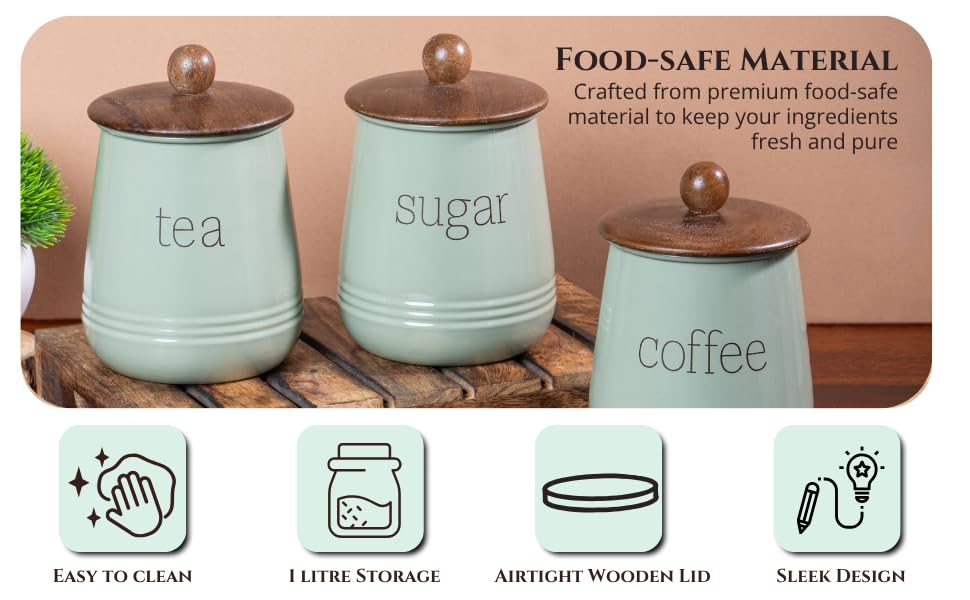 Image of Metallure Home Stylish Airtight Container Set | Sugar Tea Coffee Container Set of 3 | Metal and Wood Lid Canister for Kitchen Storage | Food-Safe Jar Set for Kitchen (Green)