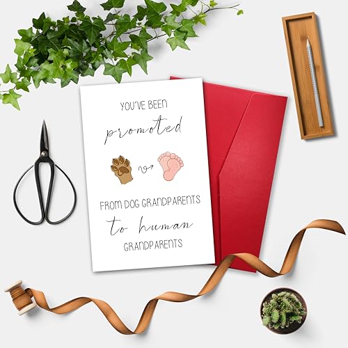 Image of Funny Pregnancy Announcement Card, 'Promoted from Dog Grandparents to Human Grandparents' Baby Reveal Card, Cute Keepsake Gift for New Grandma & Grandpa
