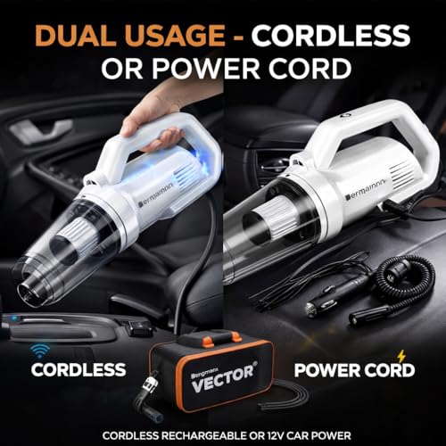 Image of Bergmann Vector Cordless + Corded 2in1 Handheld Car & Home Vacuum Cleaner | 120W | 6000mAH Large Rechargeable Battery | HEPA Filter, 3 Attachments, Travel Bag | White