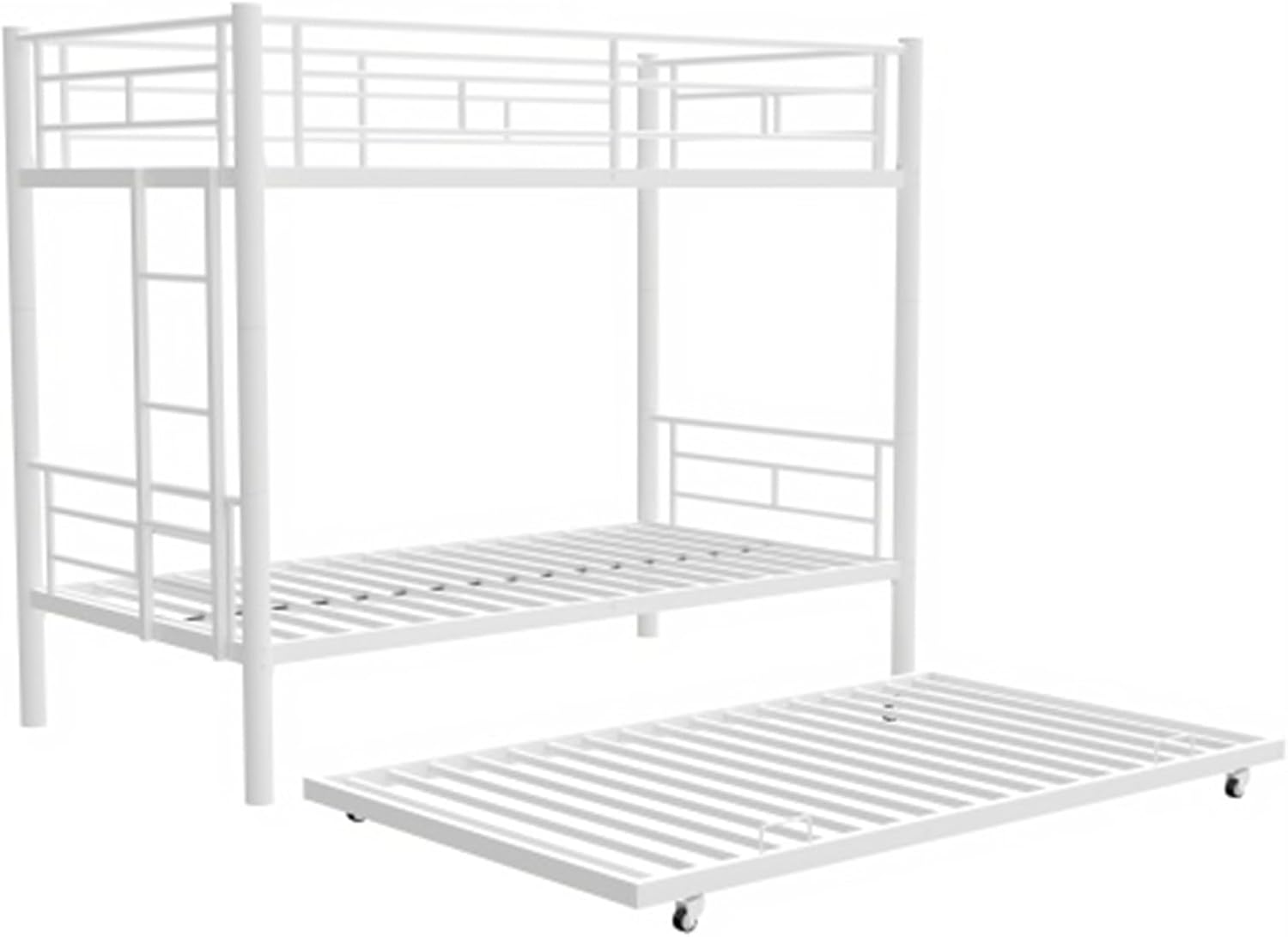 Heavy-Duty Sturdy Metal Twin Over Twin with Trundle Bunk Bed/l/Noise Reduced/Safety Guardrail/No Box Spring Needed,White