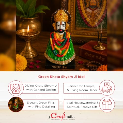 Image of eCraftIndia Green Khatu Shyam Ji Idol for Home Decor | Decorative Khatu Shyam Statue with Garland Design | Spiritual Showpiece for Temple, Living Room & Gifting