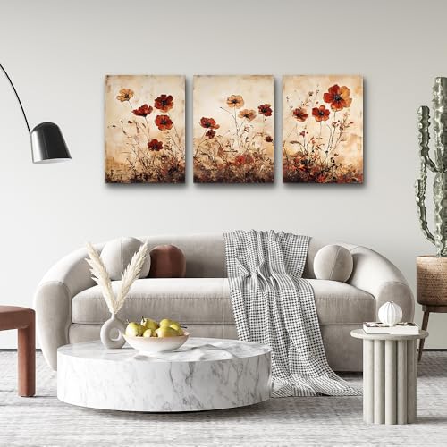 DZRWUBHS Boho Wall Decor For Living Room Canvas Wall Art For Bedroom Office Decorations Bathroom Wall Pictures Flowers Watercolour Paintings Modern Aesthetic Home Decor Artwork 3 Piece Ready To Hang