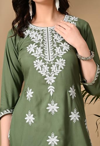 Image of LIBOZA Women's Chikankari Embroidered Short Kurti, Rayon Fabric, Three-Quarter Sleeves, Available in Pink, Black, Mustard Yellow, White, Pista and Green