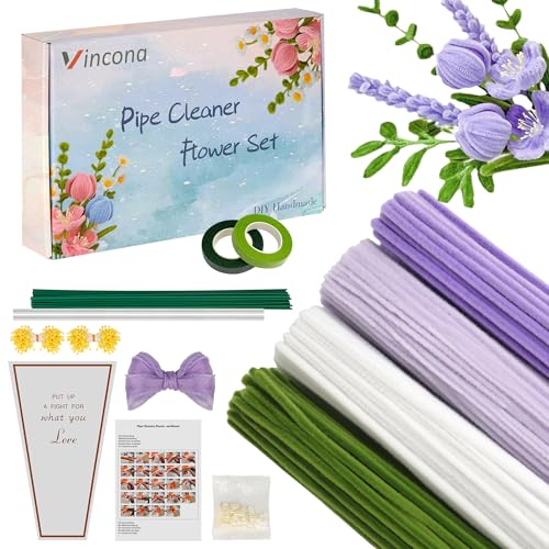 Vincona 400 Stück Pfeifenreiniger Blumen Set, Pfeifenputzer Blumen Zum Basteln （4 Farben） Inklusive 20 Blütenstiele, Band, Staubgefäße und Straußverpackung für Blumenstrauß DIY Hellviolett