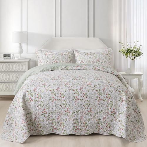 NEWLAKE Quilt Bedspread Sets - Blooming Classic Floral Pattern Reversible Coverlet Set, Queen Size