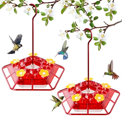 Morikey 2 Pack Hummingbird Feeders for Outdoor Hanging, 10 oz Garden Hummingbird Feeder with 25 Feeder Ports, Ant Proof, Easy to Clean & Fill, Bird Feeder with Flower Decoration for Outdoor