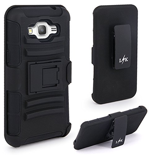Grand Prime Case, LK [Heavy Duty] Black Armor Holster Defender Full Body Protective Hybrid Case Cover with Belt Clip for Samsung Galaxy Grand Prime