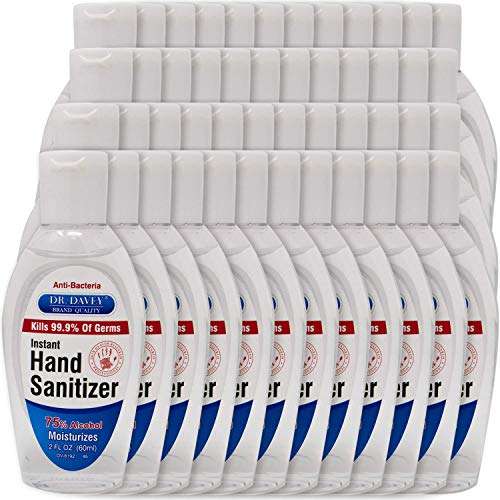 Dr. Davey Hand Sanitizer Gel, 75% Ethyl Alcohol, 48 Pack of 2oz (60ml) Travel Size Bottles - Aloe Vera Moisturizing, Scent Free Kills 99.9% Germs, Quick Drying