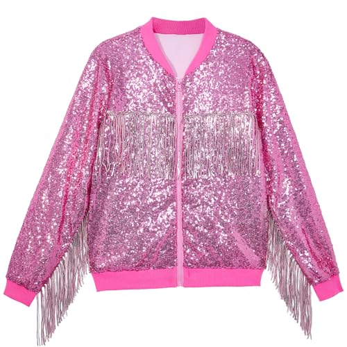 CHENBAO Tessel Sequin Jacket Women Sparkly Bomber Varsity Trendy Shiny Coat Ladies Glitter Jackets Womens Birthday Party Holiday Clothes Zip Up Outwears Pink XXL