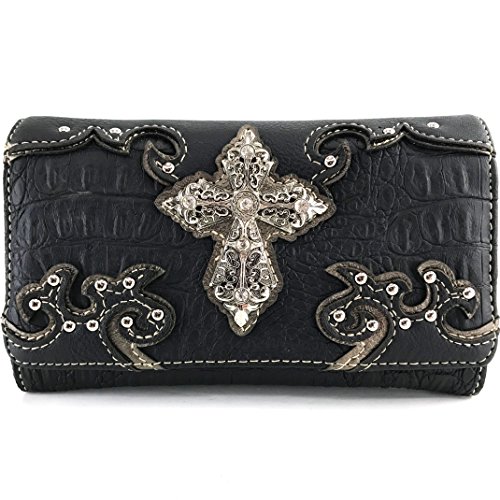 Justin West Western Tooled Croc Animal Faux Leather Silver Rhinestone Cross Studded Wristlet Trifold Wallet Attachable Long Strap (Black)
