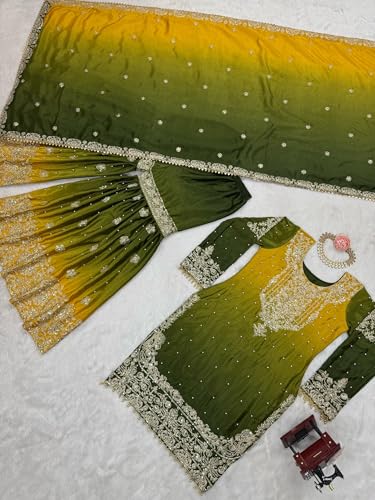 Image of Pandadi Saree Women's Chinon Silk Embroidery Kurta Sharara Set With Dupatta.